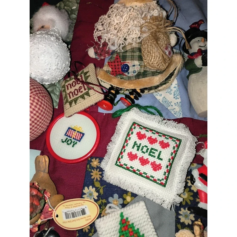 Lot Of 37 Vintage Christmas Ornaments Santa, Needlepoint, Wooden, Ceramic Mixed